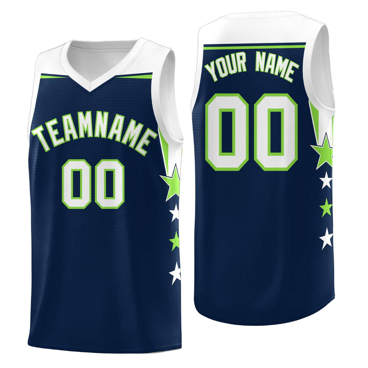 Custom Youth Basketball Uniform Navy White Two Tone Side Star Add Name Number &amp; Logo
