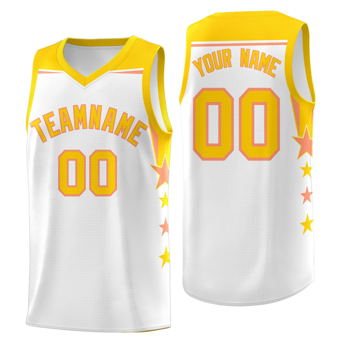 Custom Youth Basketball Uniform White Gold Two Tone Side Star Add Name Number &amp; Logo