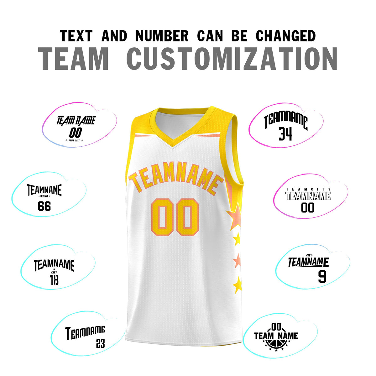 Custom Youth Basketball Uniform White Gold Two Tone Side Star Add Name Number &amp; Logo