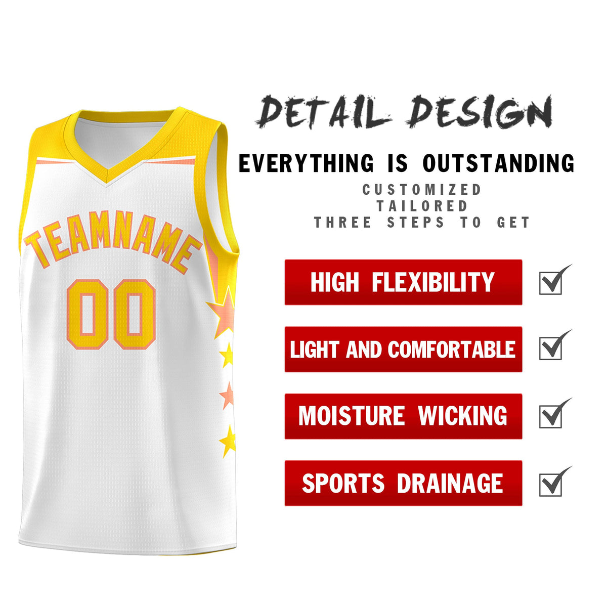 Custom Youth Basketball Uniform White Gold Two Tone Side Star Add Name Number &amp; Logo