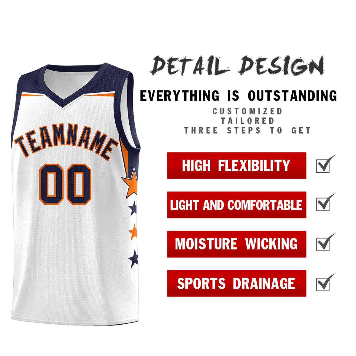 Custom Youth Basketball Uniform White Navy Two Tone Side Star Add Name Number &amp; Logo