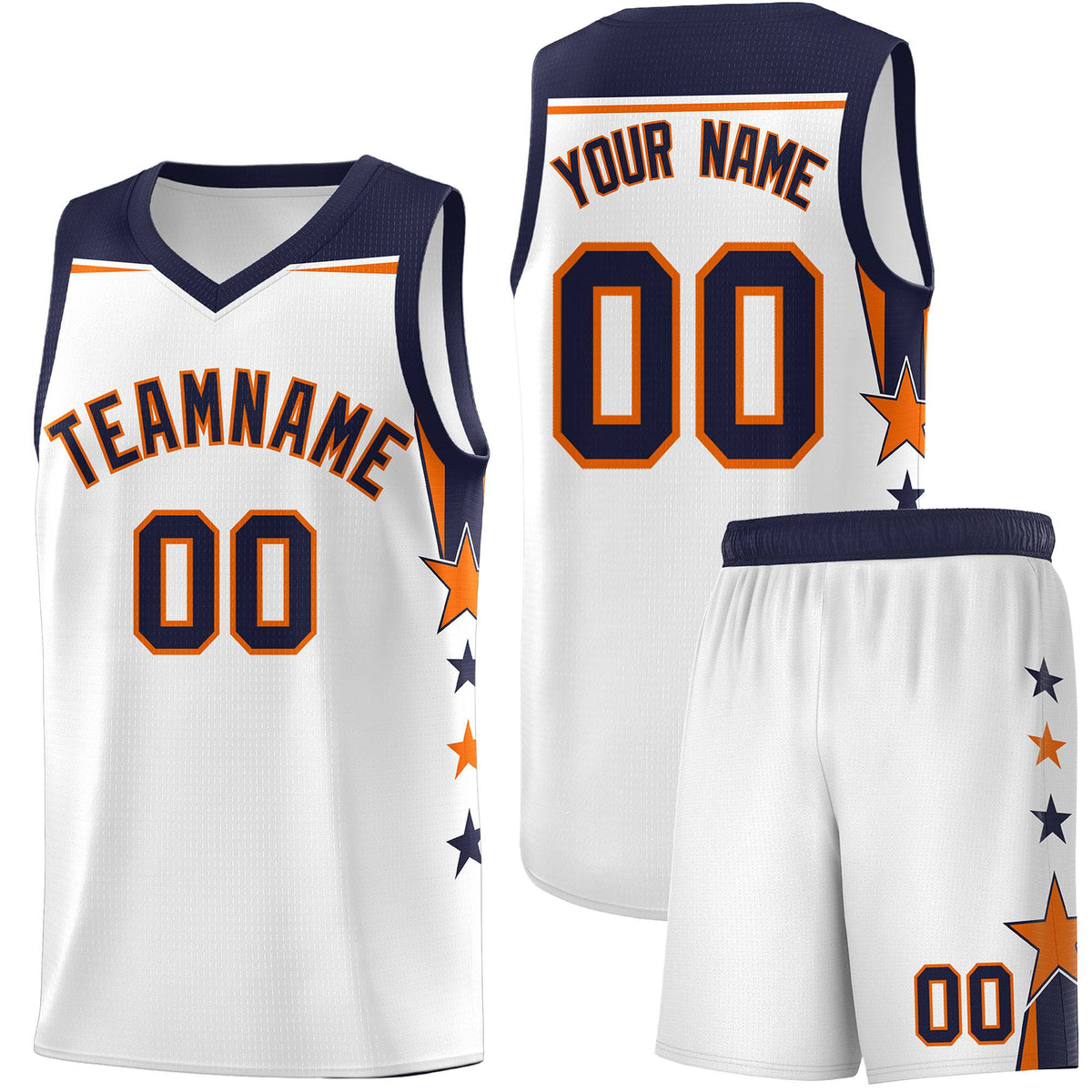 Custom Youth Basketball Uniform White Navy Two Tone Side Star Add Name Number &amp; Logo
