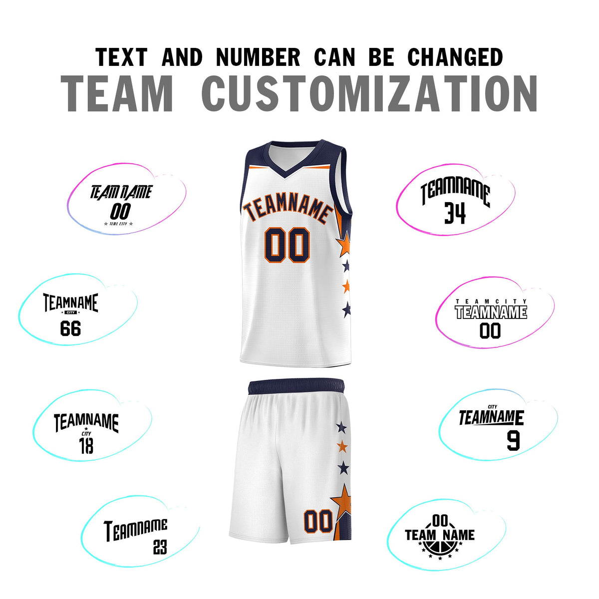 Custom Youth Basketball Uniform White Navy Two Tone Side Star Add Name Number &amp; Logo