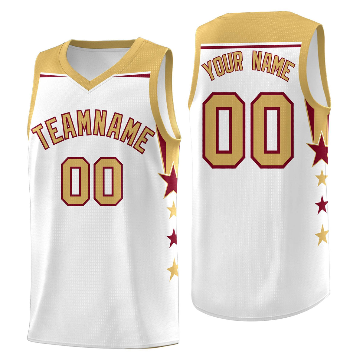 Custom Youth Basketball Uniform White Old Gold Two Tone Side Star Add Name Number &amp; Logo