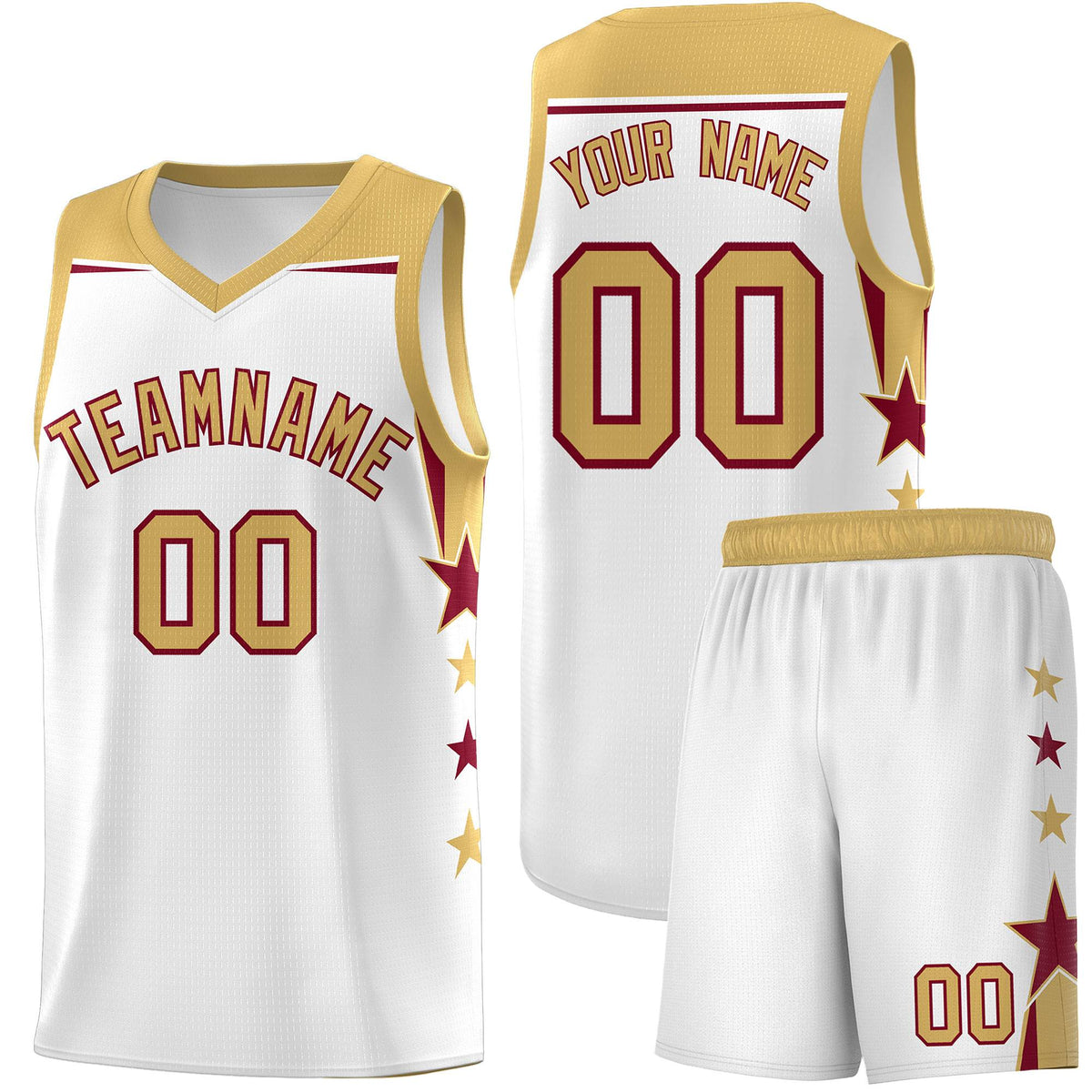 Custom Youth Basketball Uniform White Old Gold Two Tone Side Star Add Name Number &amp; Logo