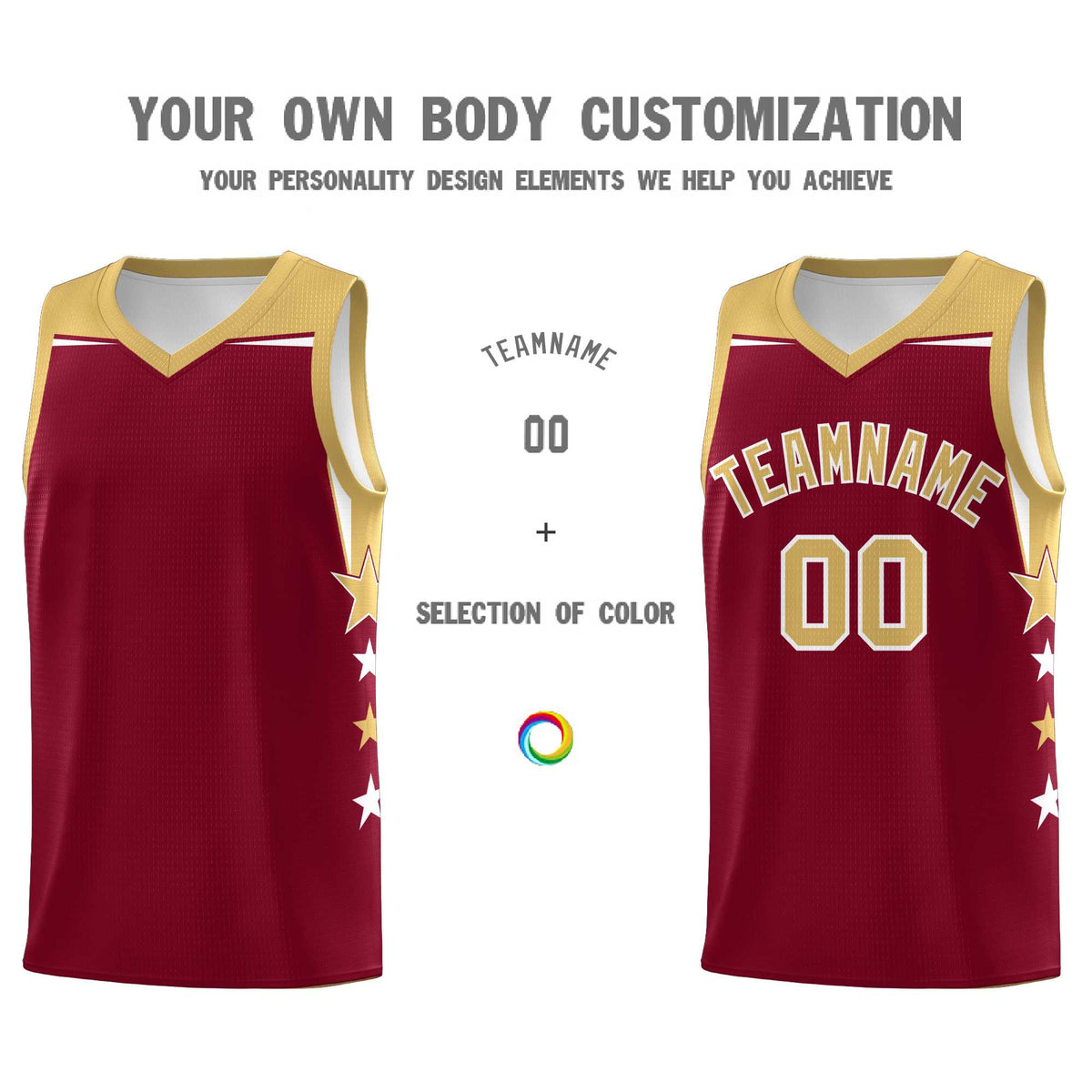 Custom Youth Basketball Uniform Crimson Old Gold Two Tone Side Star Color Block Team Jersey