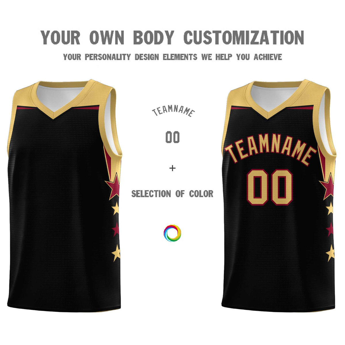 Custom Youth Basketball Uniform Black Old Gold Two Tone Side Star Add Name Number &amp; Logo