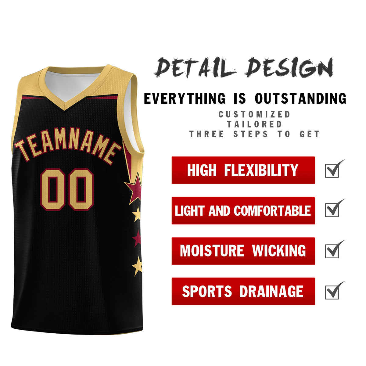 Custom Youth Basketball Uniform Black Old Gold Two Tone Side Star Add Name Number &amp; Logo