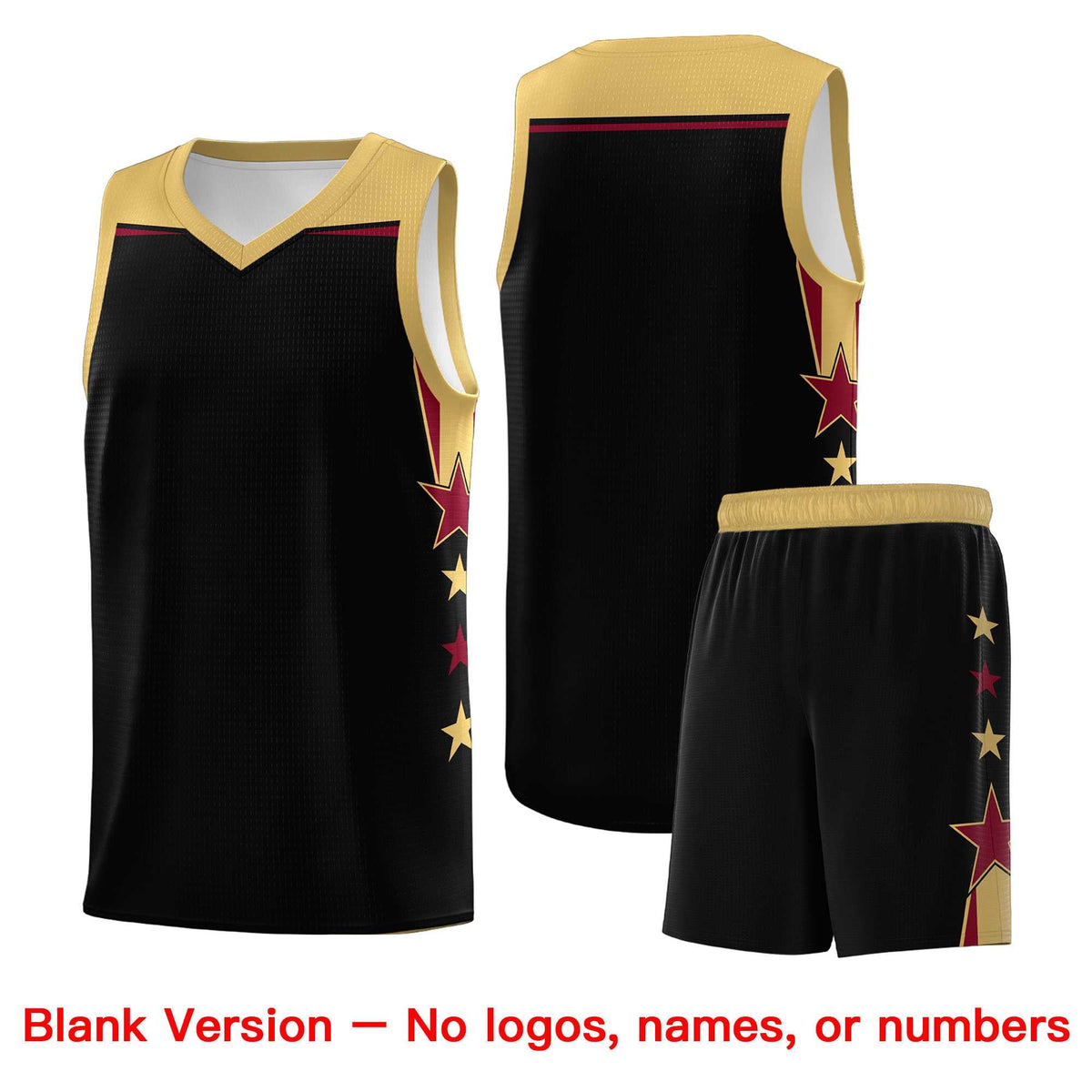 Custom Youth Basketball Uniform Black Old Gold Two Tone Side Star Add Name Number &amp; Logo