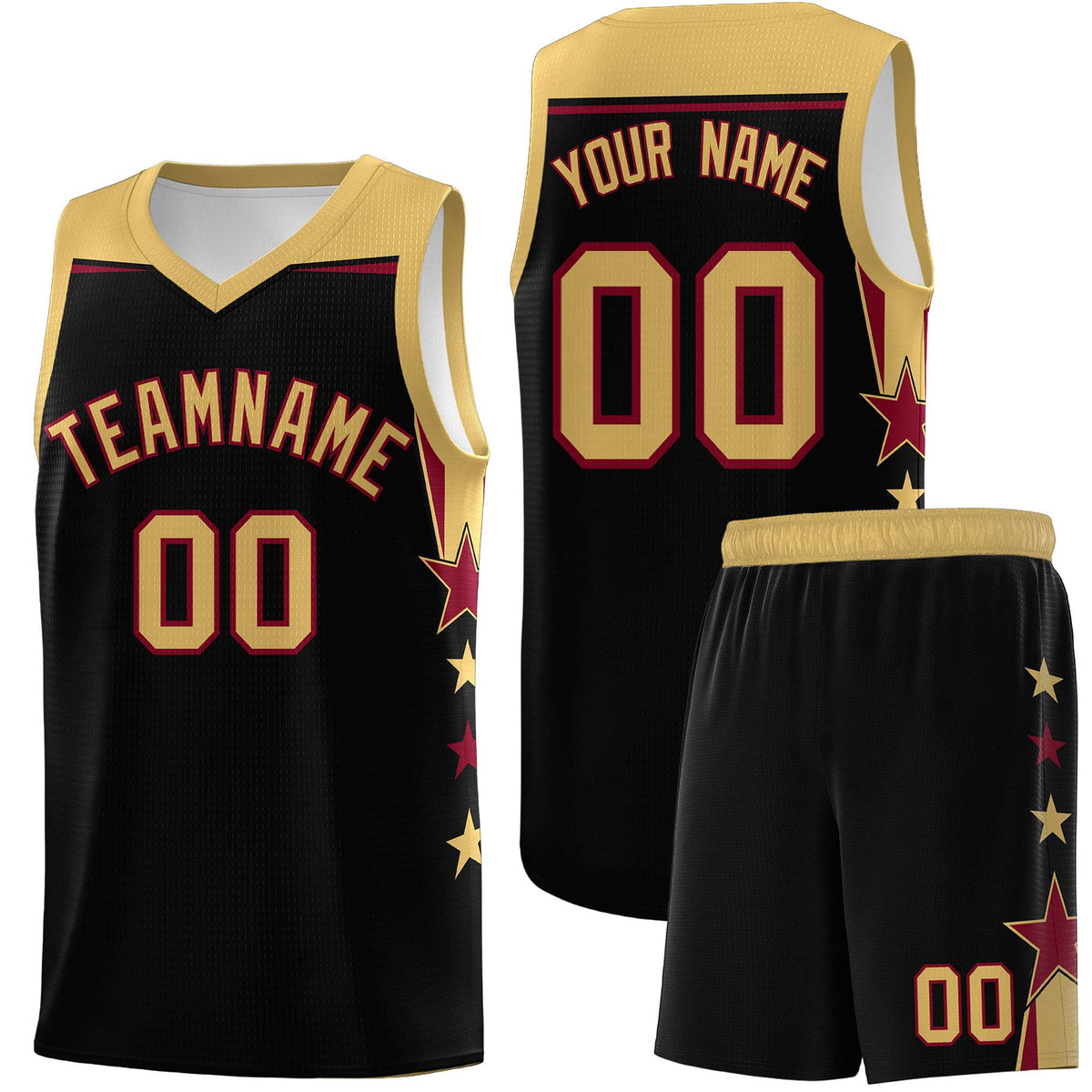 Custom Youth Basketball Uniform Black Old Gold Two Tone Side Star Add Name Number &amp; Logo
