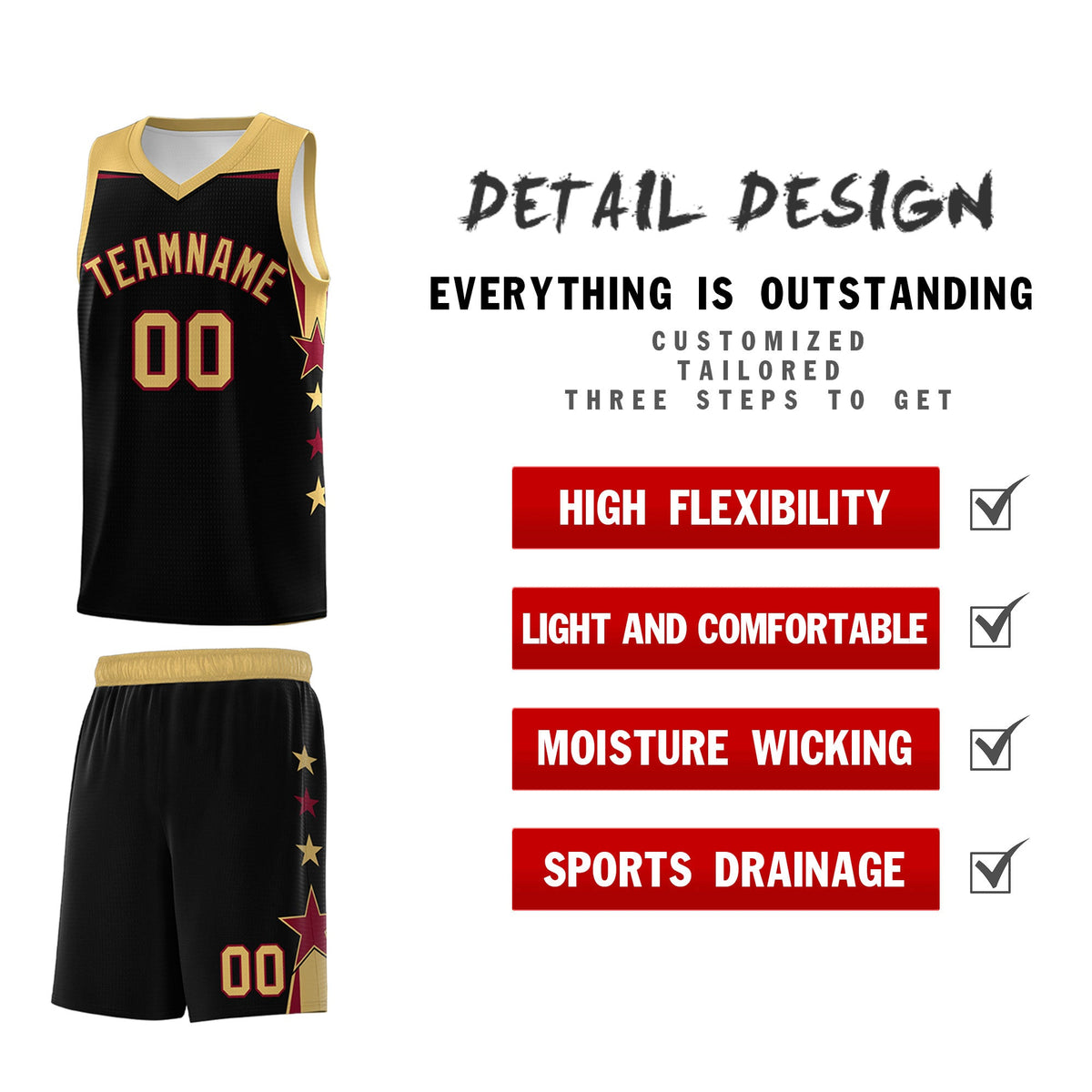Custom Youth Basketball Uniform Black Old Gold Two Tone Side Star Add Name Number &amp; Logo