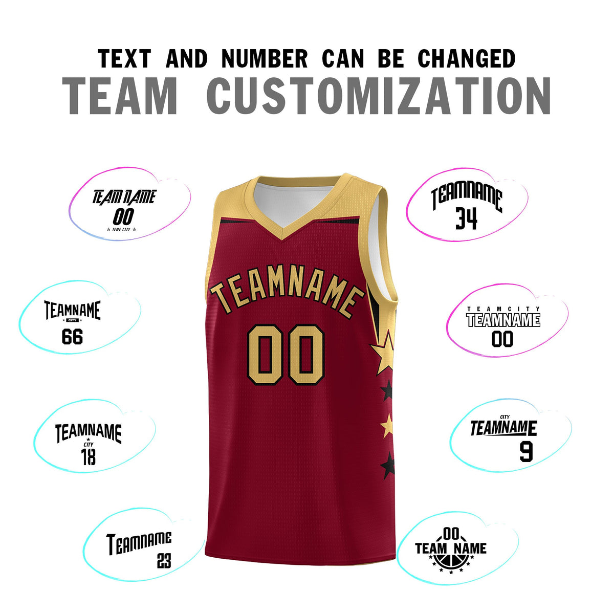 Custom Youth Basketball Uniform Crimson Old Gold Two Tone Side Star Color Block Team Jersey