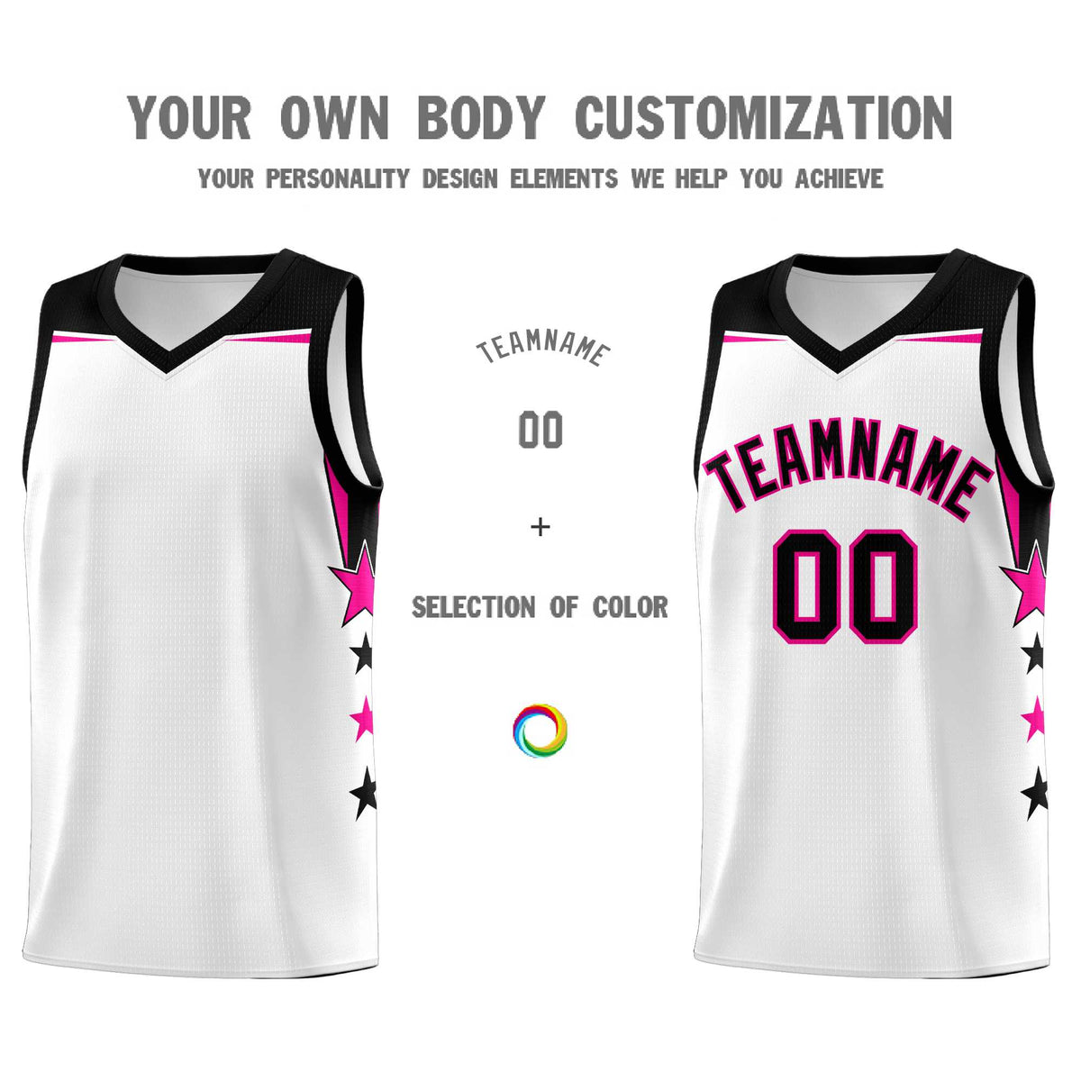 Custom Youth Basketball Uniform White Black Two Tone Side Star Add Name Number &amp; Logo