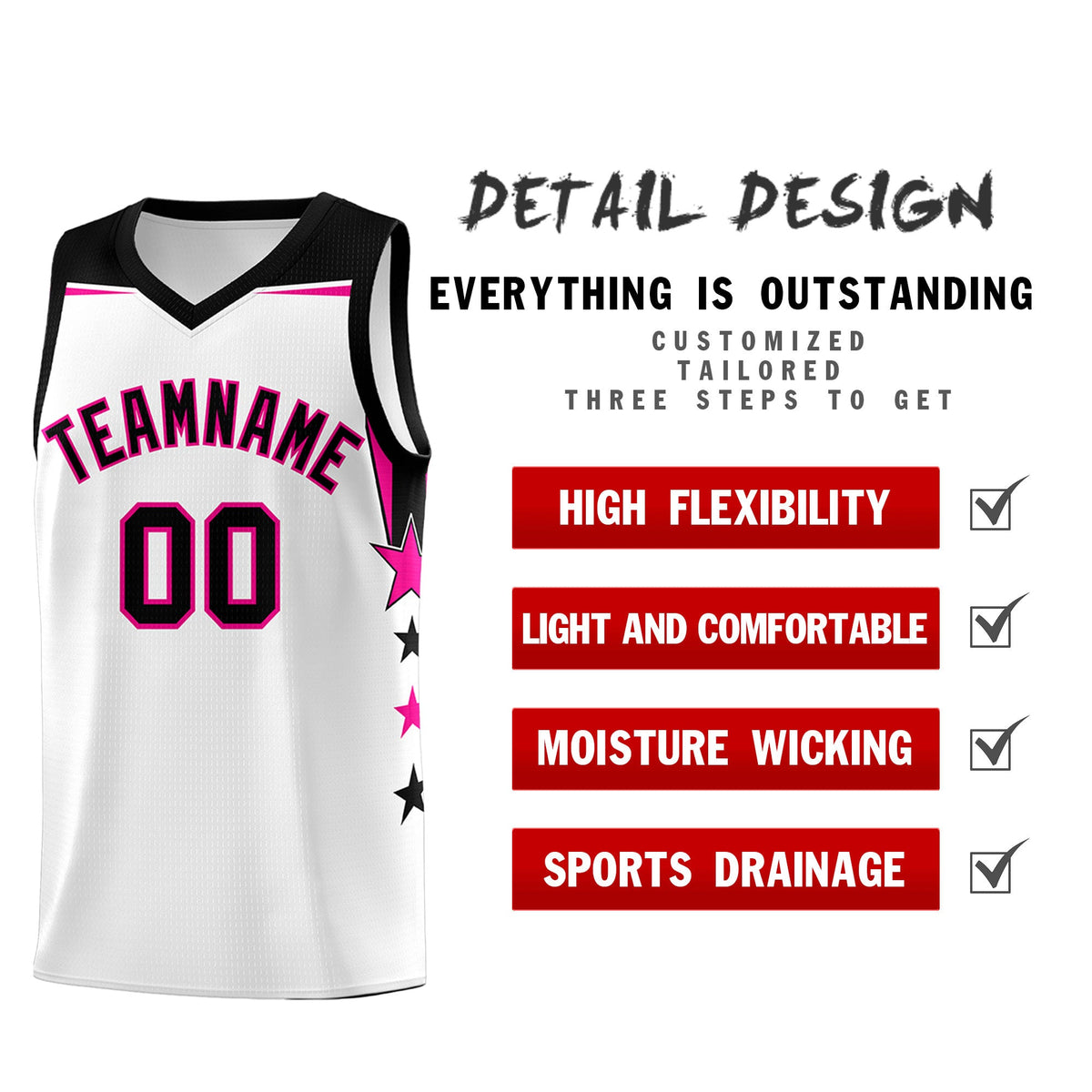 Custom Youth Basketball Uniform White Black Two Tone Side Star Add Name Number &amp; Logo