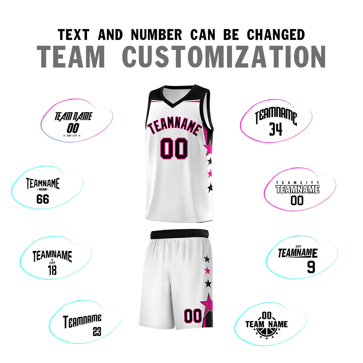 Custom Youth Basketball Uniform White Black Two Tone Side Star Add Name Number &amp; Logo