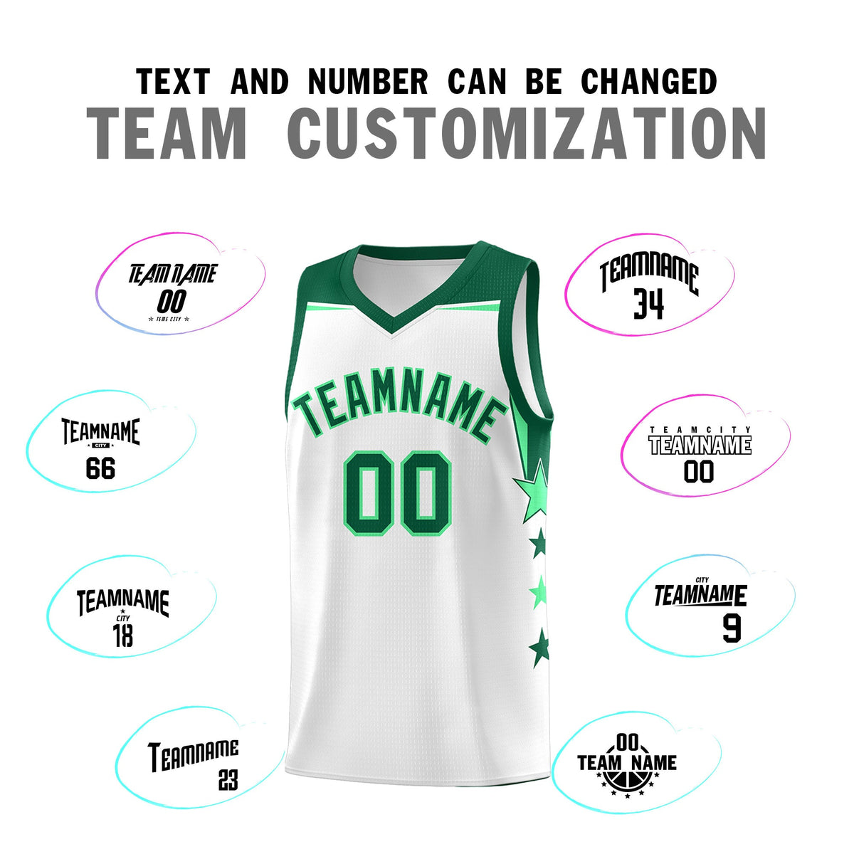 Custom Youth Basketball Uniform White Kelly Green Two Tone Side Star Add Name Number &amp; Logo