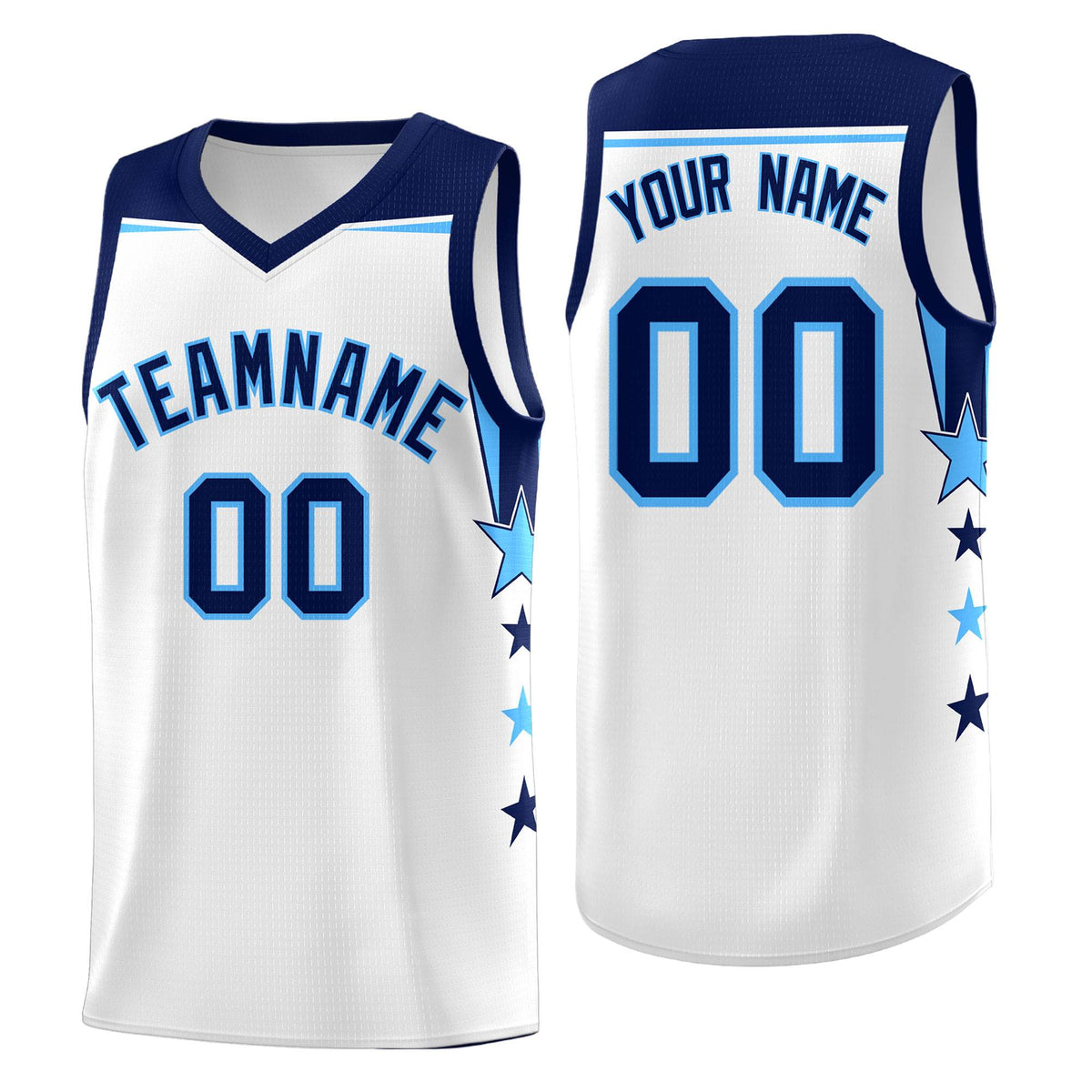 Custom Youth Basketball Uniform White Navy Two Tone Side Star Add Name Number &amp; Logo