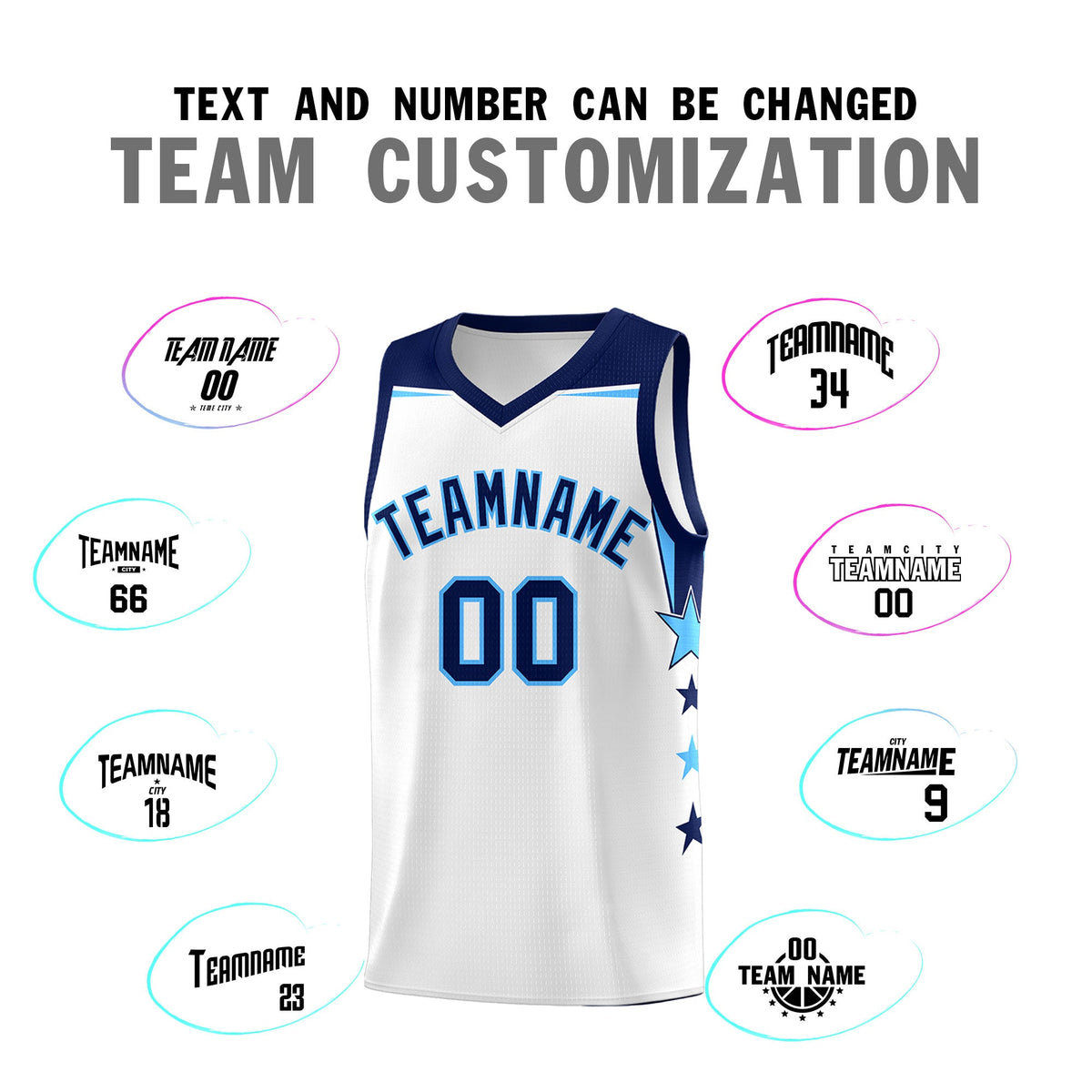Custom Youth Basketball Uniform White Navy Two Tone Side Star Add Name Number &amp; Logo