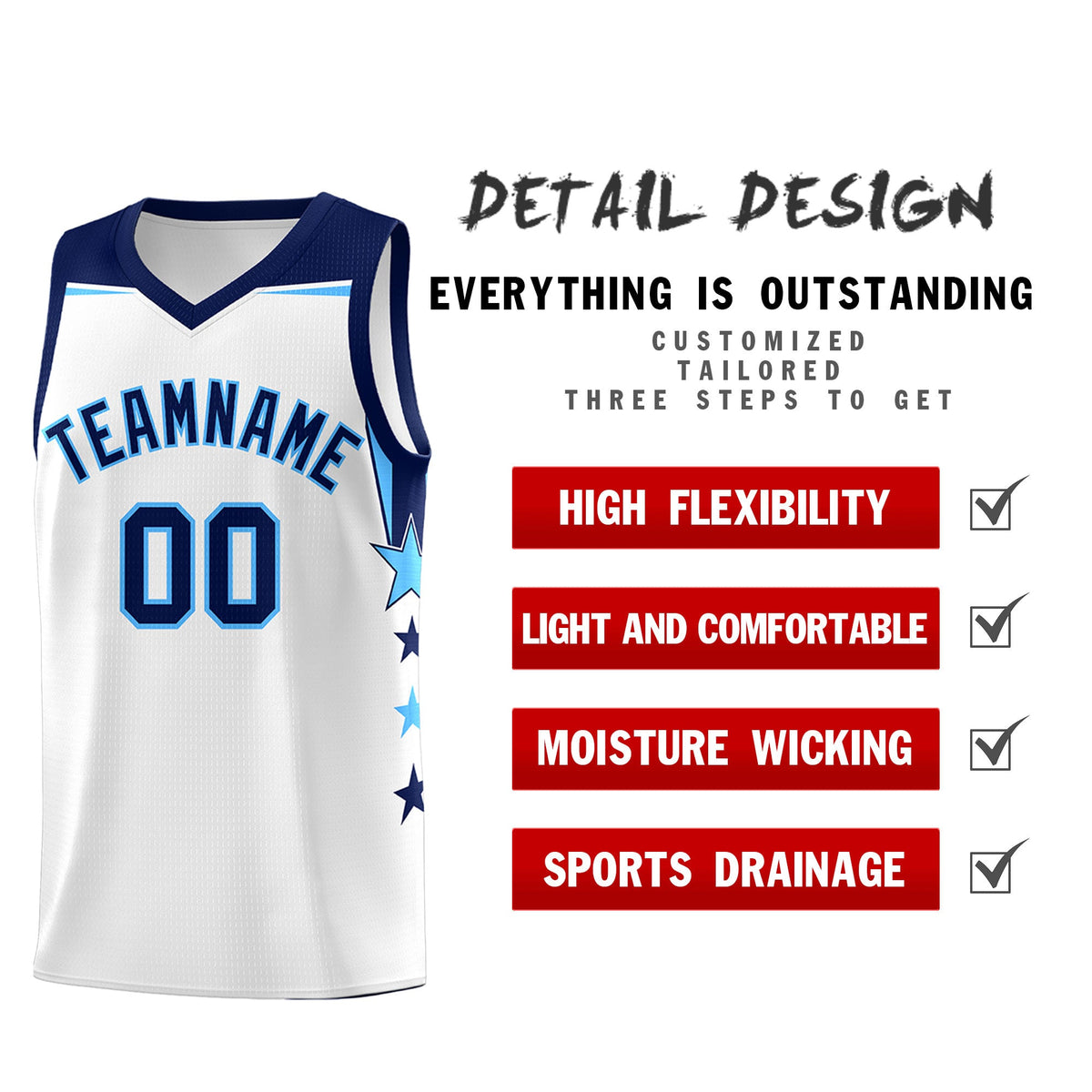 Custom Youth Basketball Uniform White Navy Two Tone Side Star Add Name Number &amp; Logo