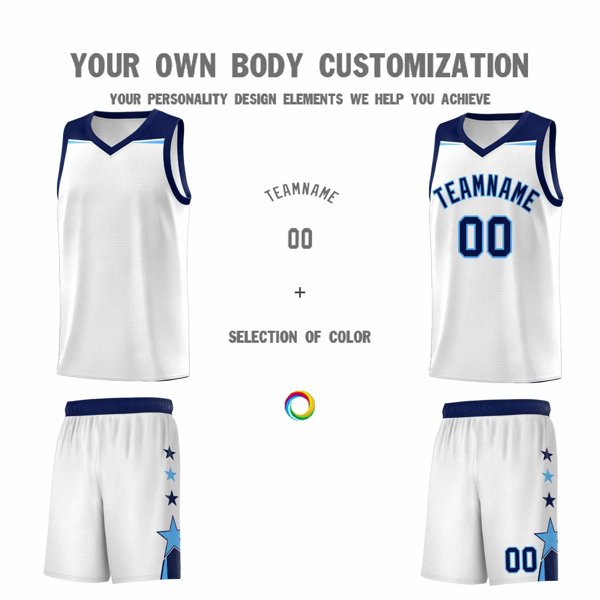 Custom Youth Basketball Uniform White Navy Two Tone Side Star Add Name Number &amp; Logo