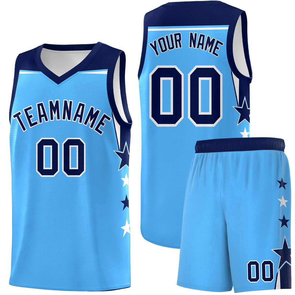 Custom Youth Basketball Uniform Powder Blue Navy Two Tone Side Star Color Block Team Jersey