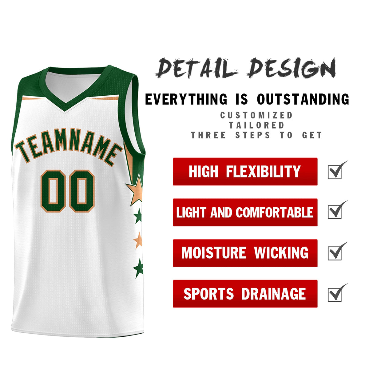 Custom Youth Basketball Uniform White Green Two Tone Side Star Add Name Number &amp; Logo