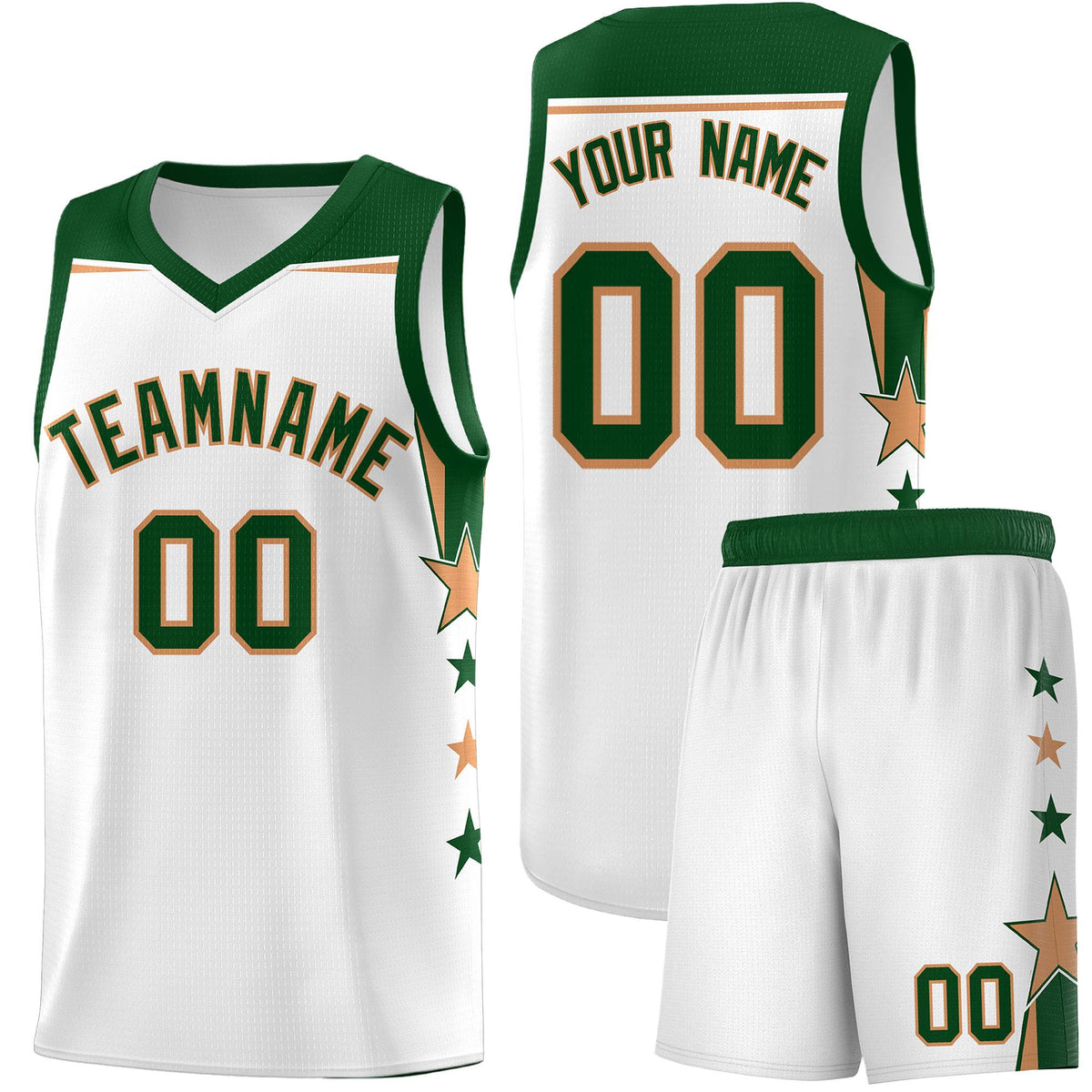 Custom Youth Basketball Uniform White Green Two Tone Side Star Add Name Number &amp; Logo