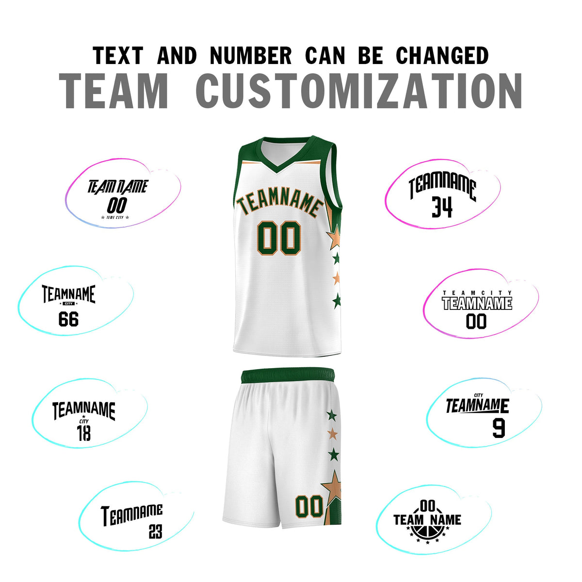 Custom Youth Basketball Uniform White Green Two Tone Side Star Add Name Number &amp; Logo