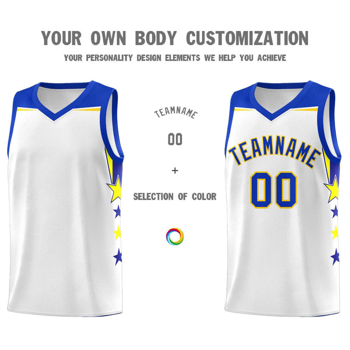 Custom Youth Basketball Uniform White Royal Two Tone Side Star Add Name Number &amp; Logo