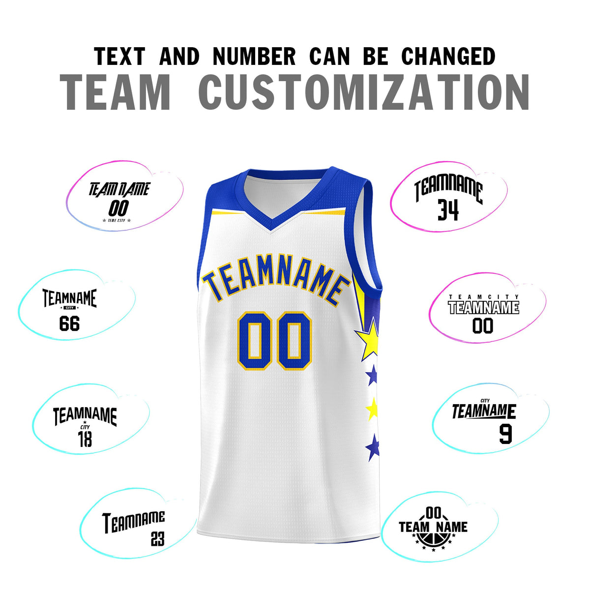 Custom Youth Basketball Uniform White Royal Two Tone Side Star Add Name Number &amp; Logo