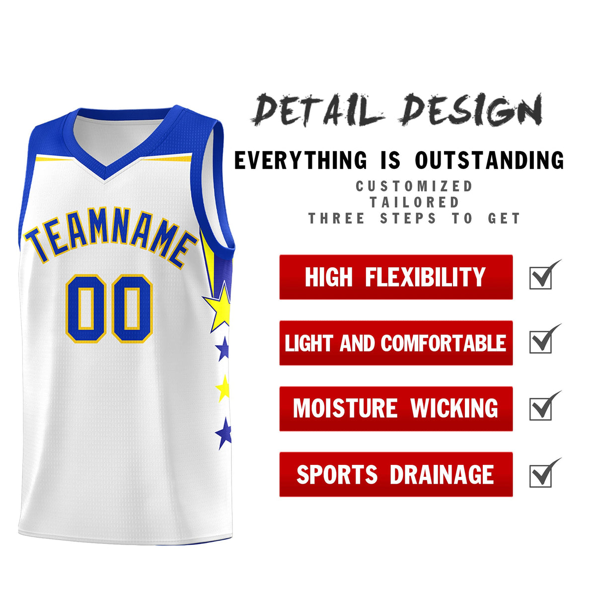 Custom Youth Basketball Uniform White Royal Two Tone Side Star Add Name Number &amp; Logo