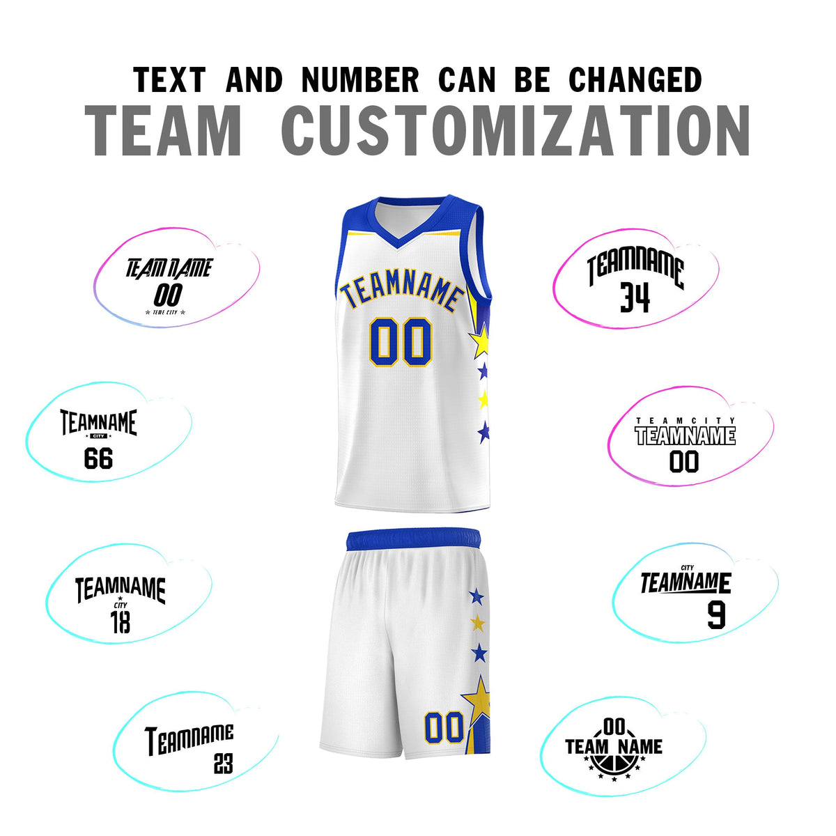 Custom Youth Basketball Uniform White Royal Two Tone Side Star Add Name Number &amp; Logo