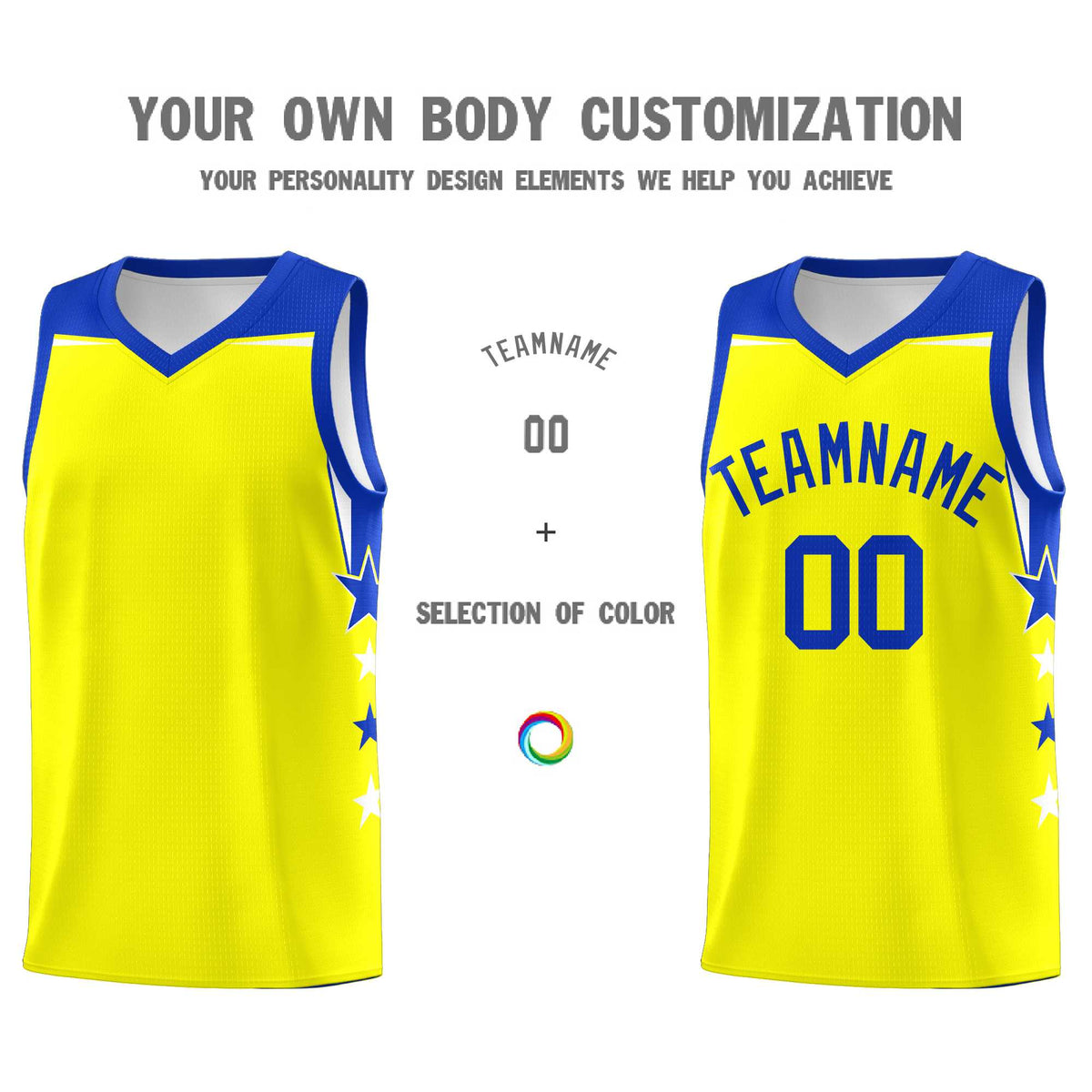 Custom Youth Basketball Uniform Fluorescent Yellow Royal Two Tone Side Star Color Block Team Jersey