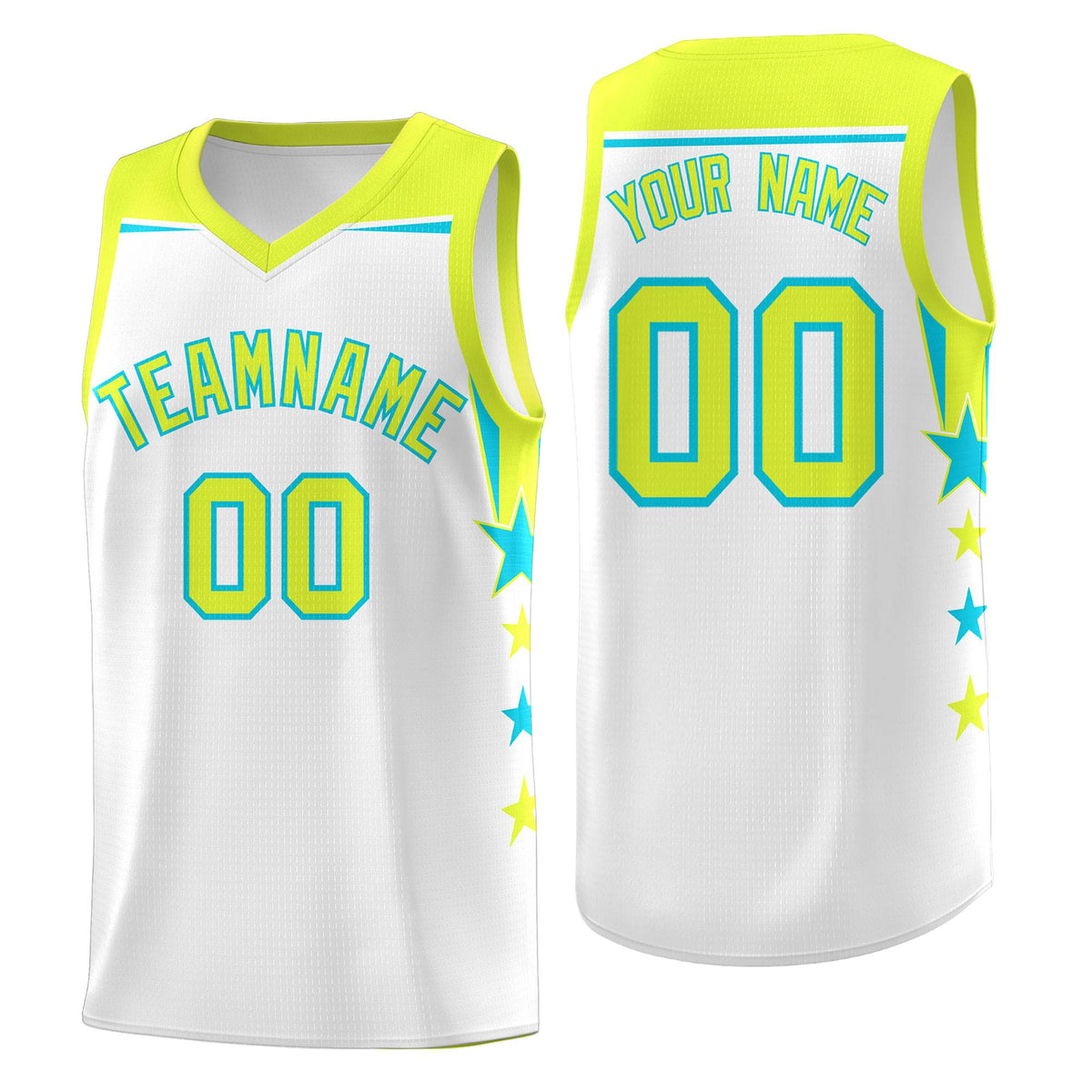 Custom Youth Basketball Uniform White Fluorescent Green Two Tone Side Star Add Name Number &amp; Logo