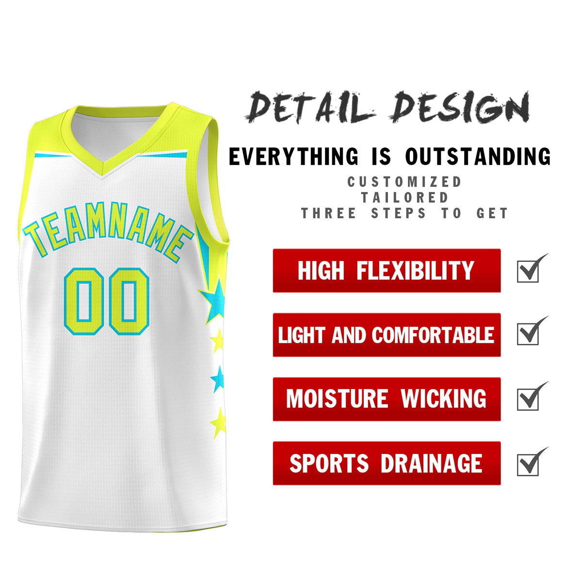 Custom Youth Basketball Uniform White Fluorescent Green Two Tone Side Star Add Name Number &amp; Logo