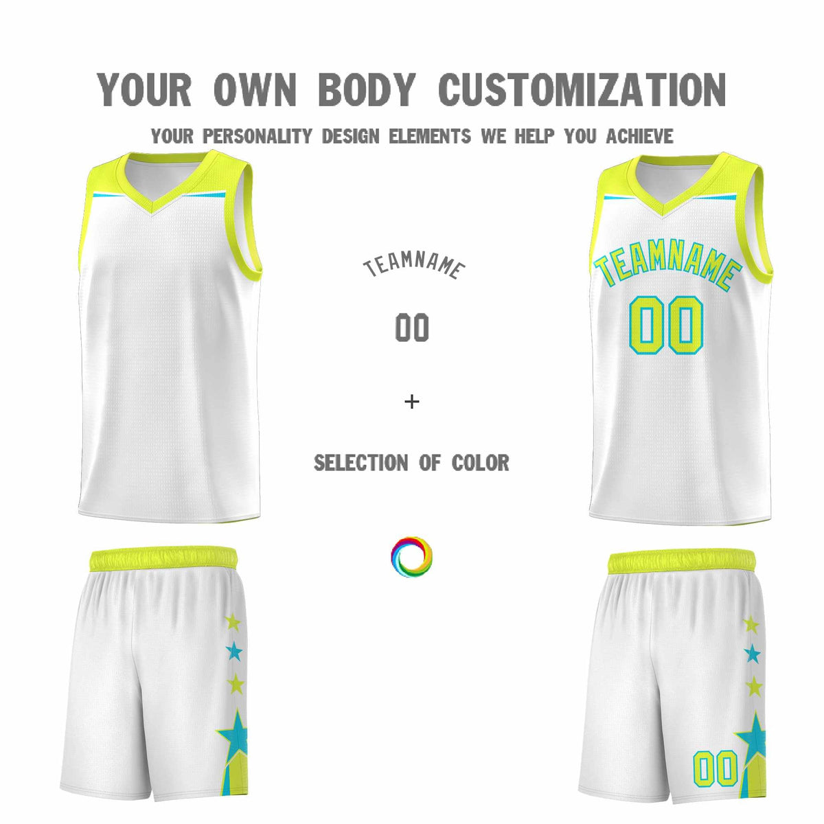 Custom Youth Basketball Uniform White Fluorescent Green Two Tone Side Star Add Name Number &amp; Logo