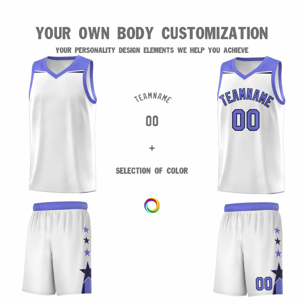 Custom Youth Basketball Uniform White Purple Two Tone Side Star Add Name Number &amp; Logo