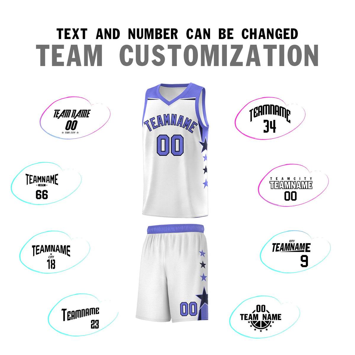 Custom Youth Basketball Uniform White Purple Two Tone Side Star Add Name Number &amp; Logo