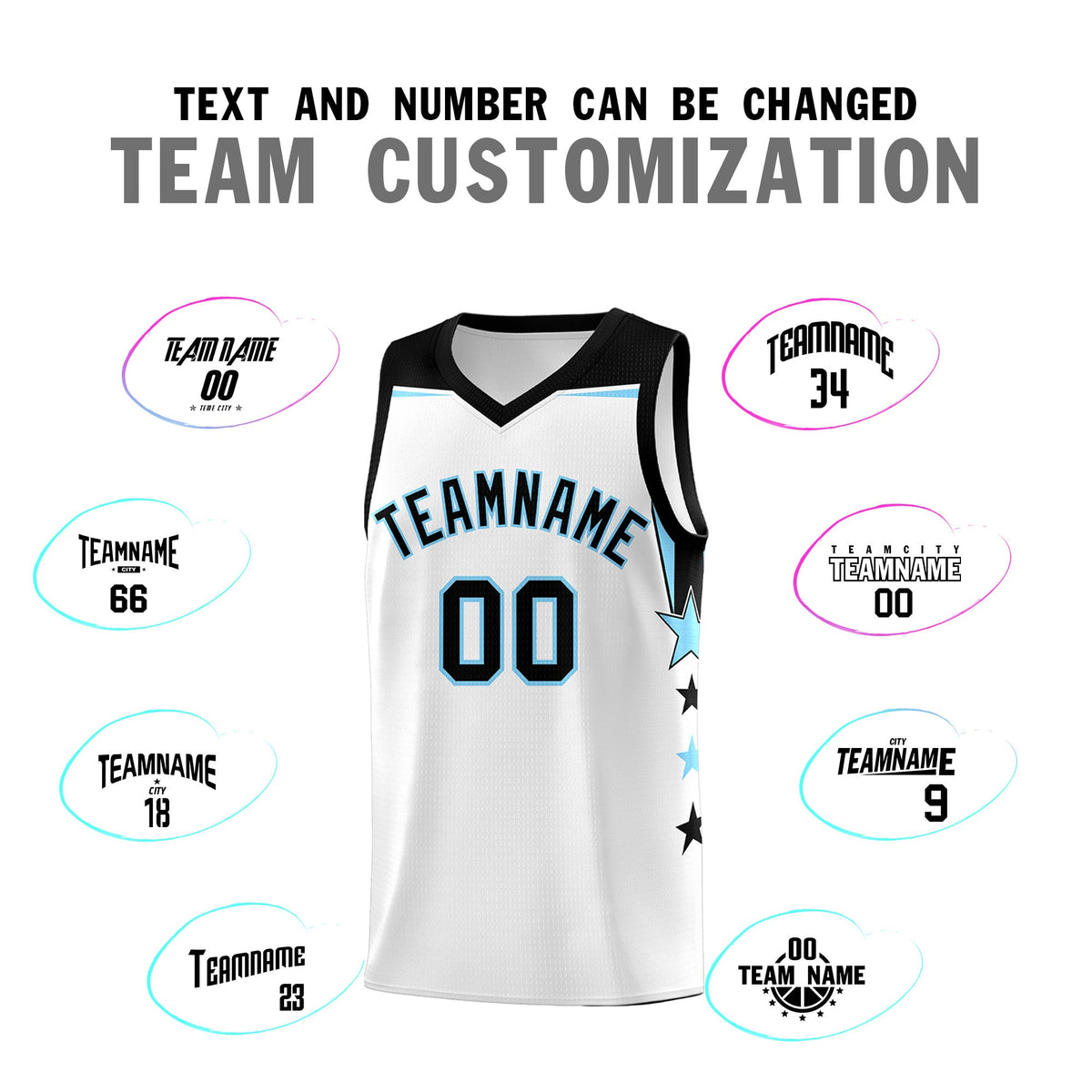 Custom Youth Basketball Uniform White Light Blue Two Tone Side Star Add Name Number &amp; Logo