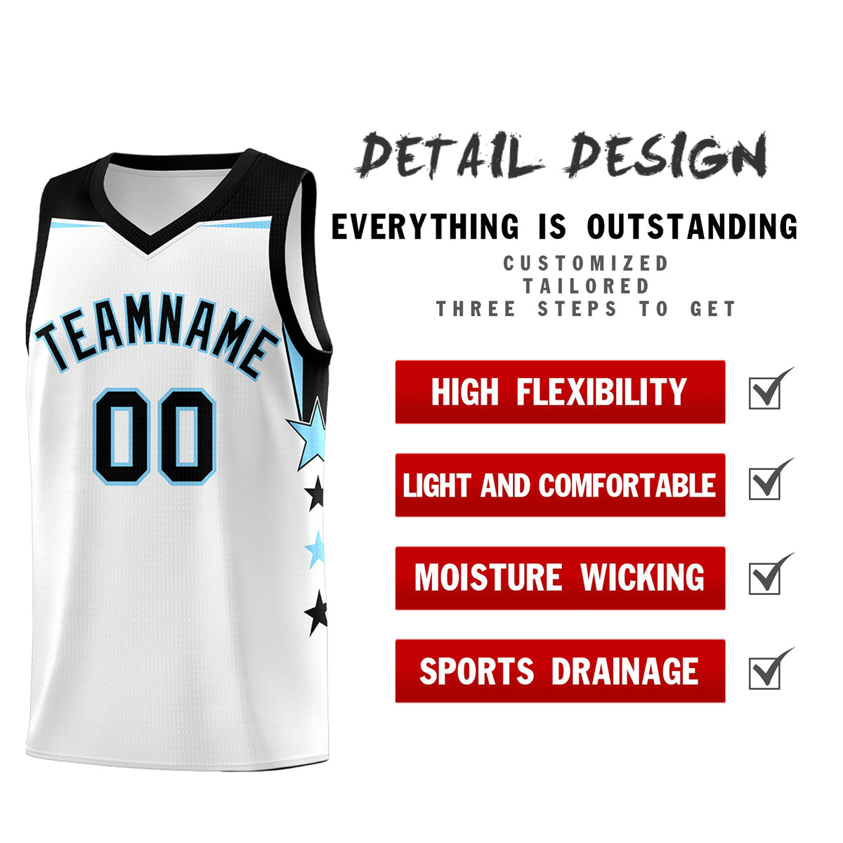 Custom Youth Basketball Uniform White Light Blue Two Tone Side Star Add Name Number &amp; Logo
