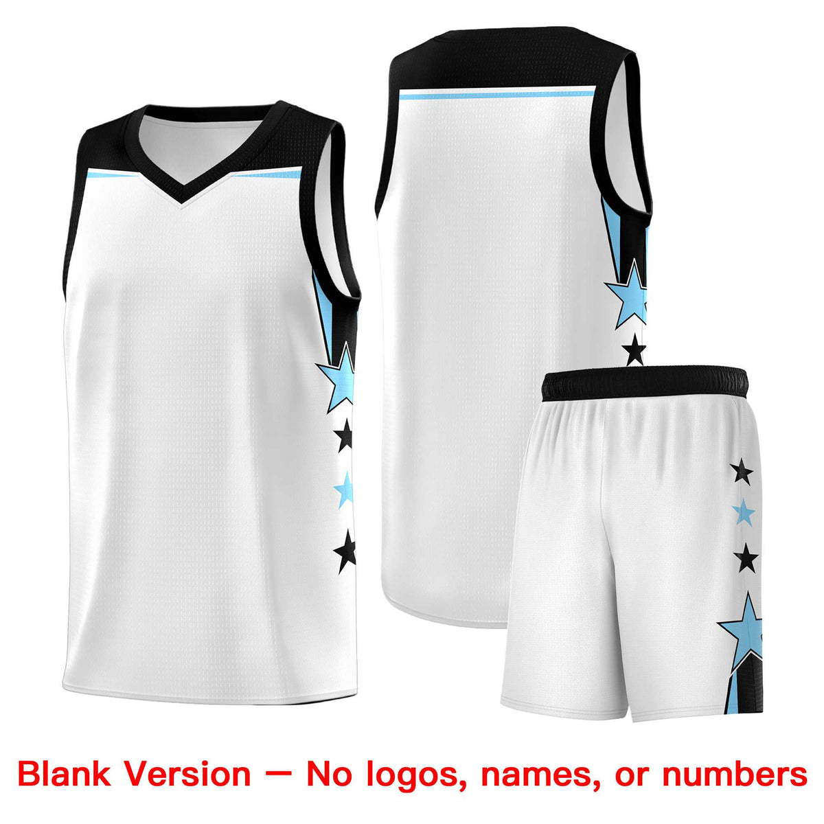 Custom Youth Basketball Uniform White Light Blue Two Tone Side Star Add Name Number &amp; Logo