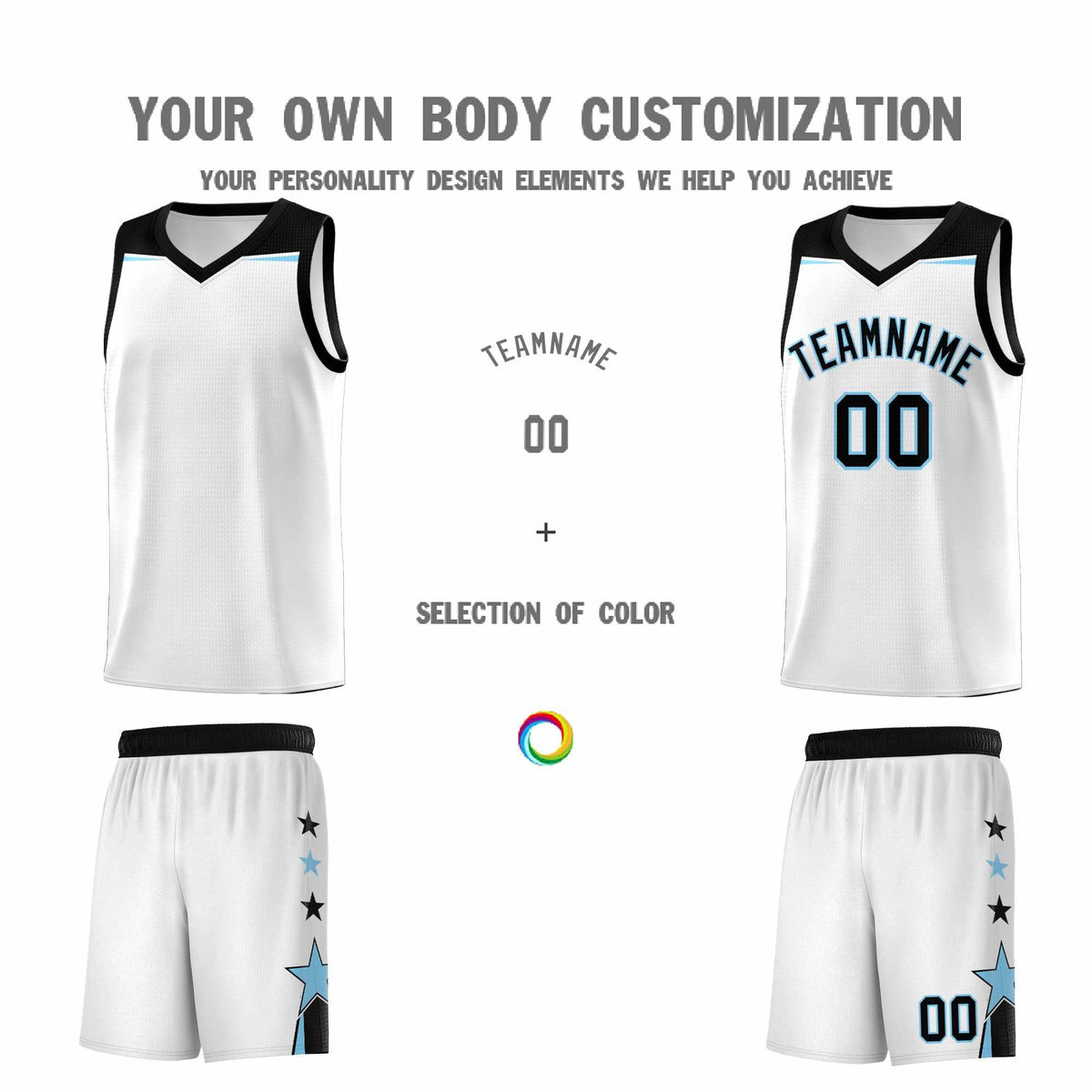 Custom Youth Basketball Uniform White Light Blue Two Tone Side Star Add Name Number &amp; Logo