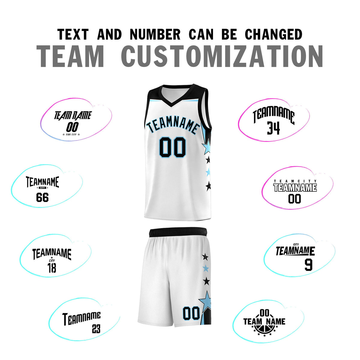 Custom Youth Basketball Uniform White Light Blue Two Tone Side Star Add Name Number &amp; Logo