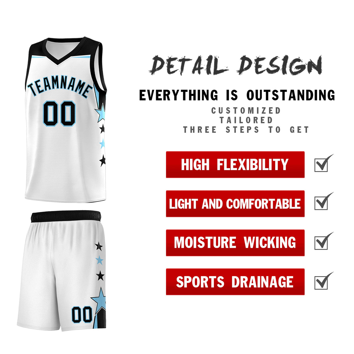 Custom Youth Basketball Uniform White Light Blue Two Tone Side Star Add Name Number &amp; Logo
