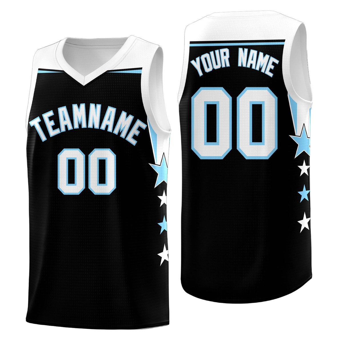 Custom Youth Basketball Uniform Black Light Blue Two Tone Side Star Personalized Team Jersey