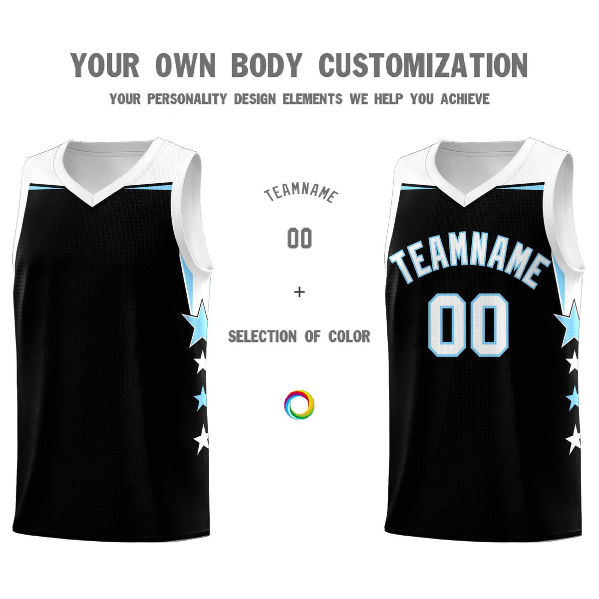 Custom Youth Basketball Uniform Black Light Blue Two Tone Side Star Personalized Team Jersey