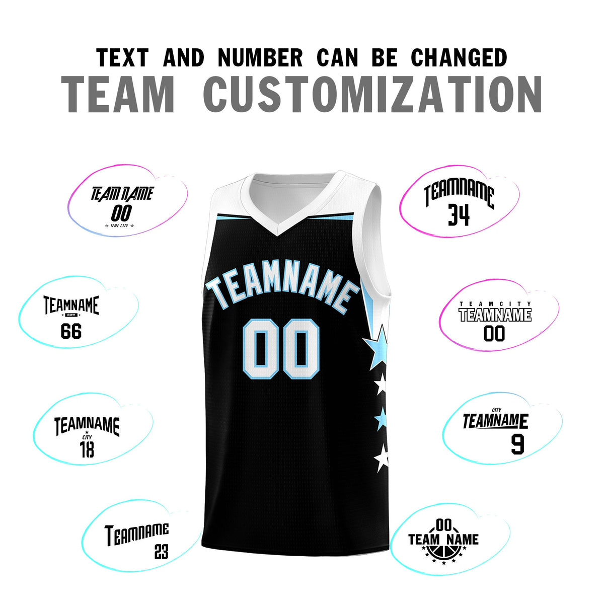 Custom Youth Basketball Uniform Black Light Blue Two Tone Side Star Personalized Team Jersey