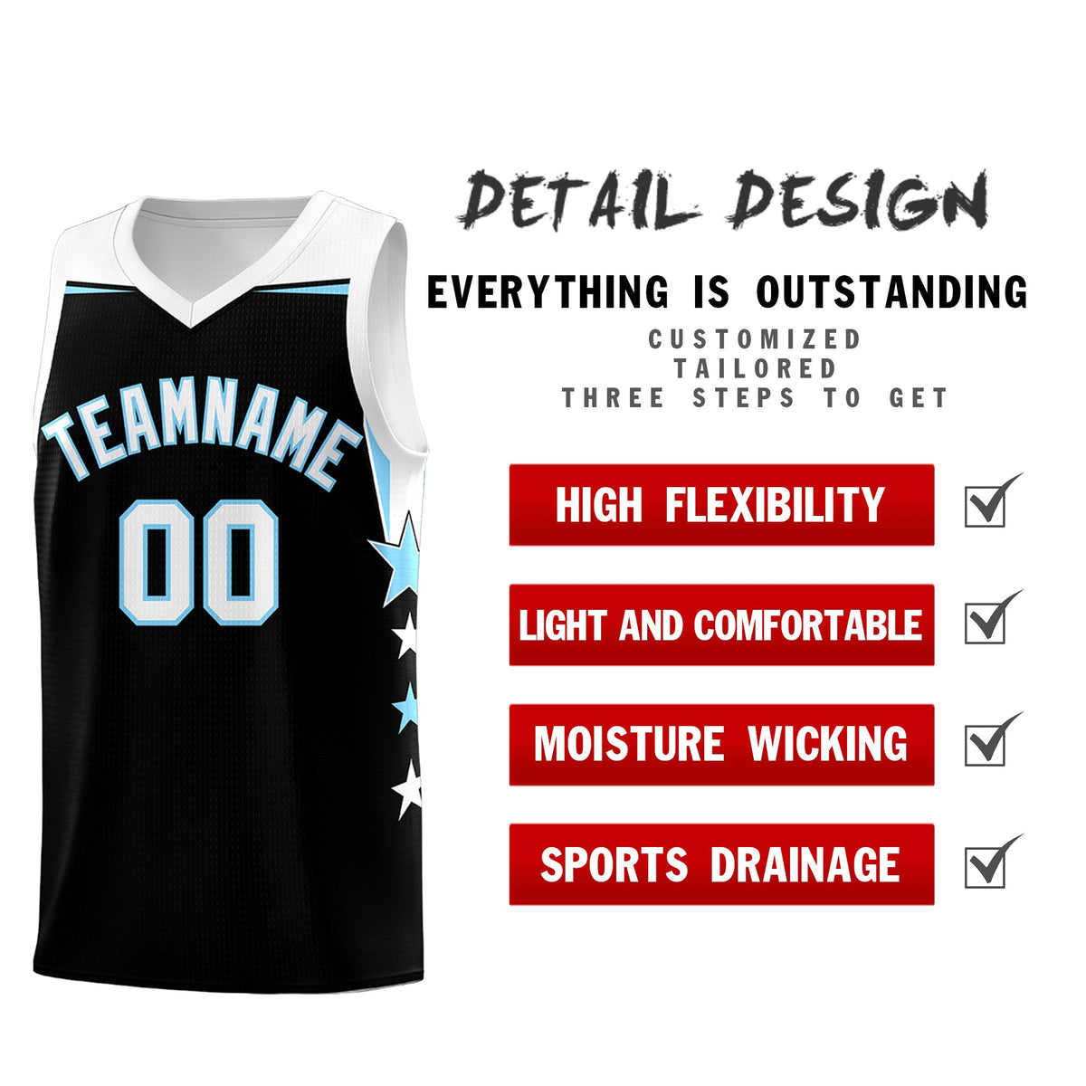 Custom Youth Basketball Uniform Black Light Blue Two Tone Side Star Personalized Team Jersey
