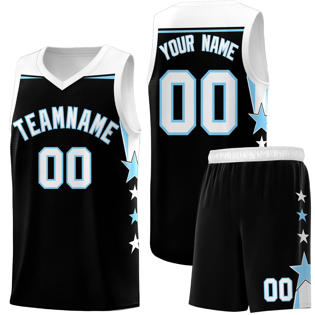 Custom Youth Basketball Uniform Black Light Blue Two Tone Side Star Personalized Team Jersey