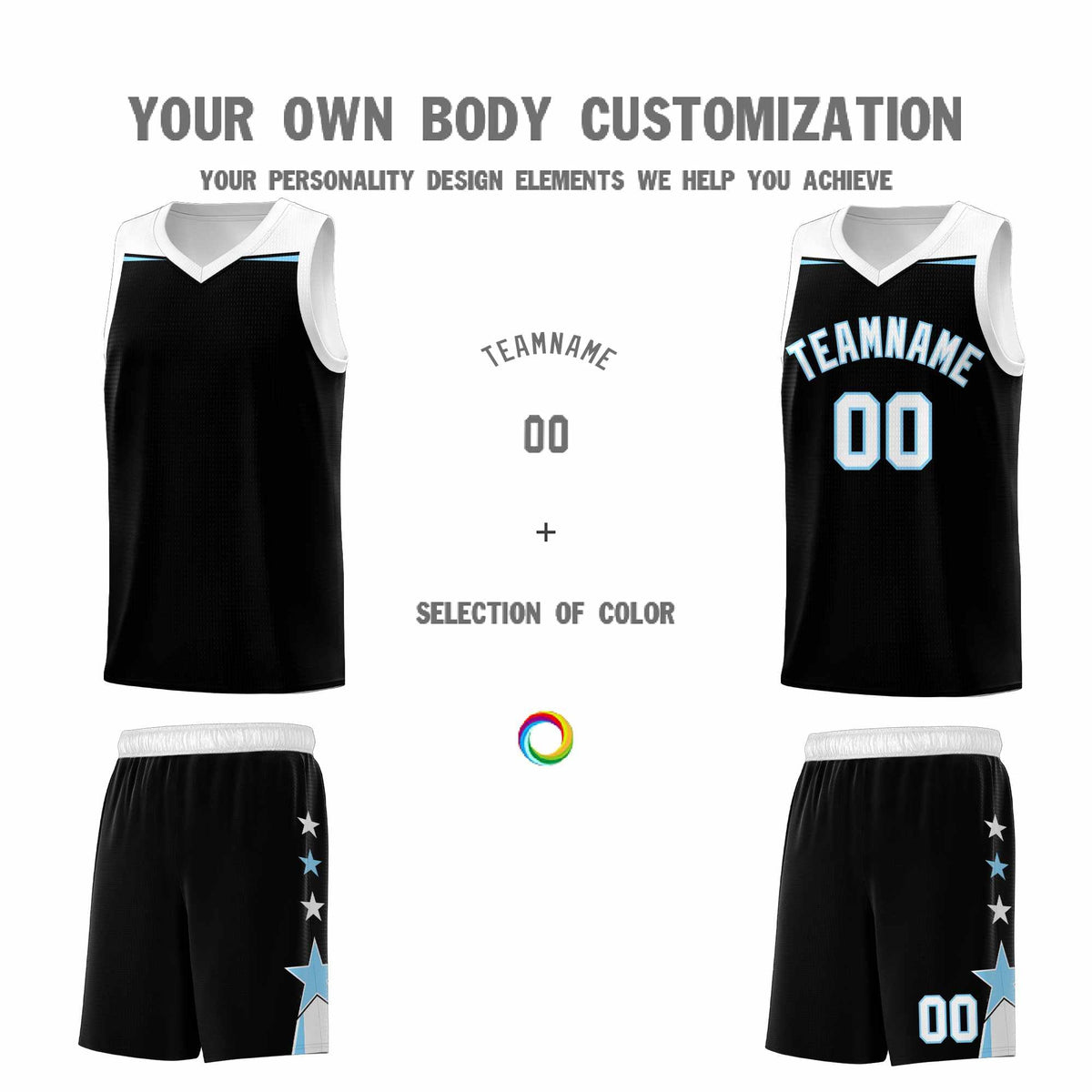 Custom Youth Basketball Uniform Black Light Blue Two Tone Side Star Personalized Team Jersey